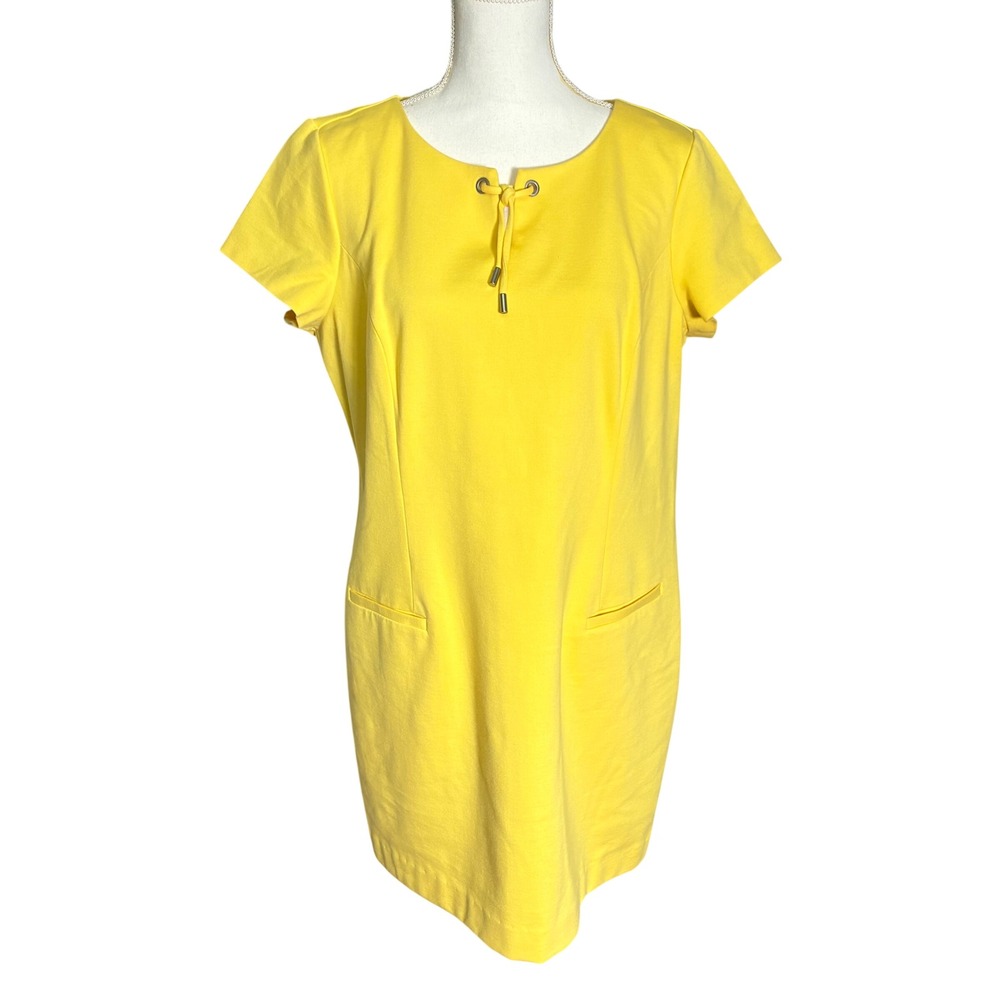 Talbots Shift Dress Womens 14P Yellow Ponte Keyhole Tie Short Sleeve Petite